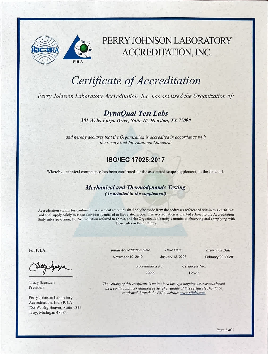 PJLA Certificate of Accreditation — DynaQual Test Labs, ISO/IEC 17025:2017, Certificate #79999, issued January 2026
